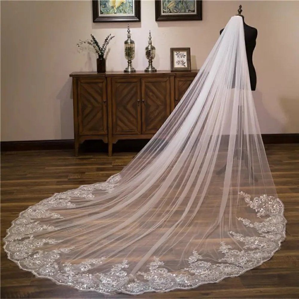 Floral and Sequin Cathedral Bridal Wedding Veil With Comb Ivory Veil White Veil - Picture 2 of 8
